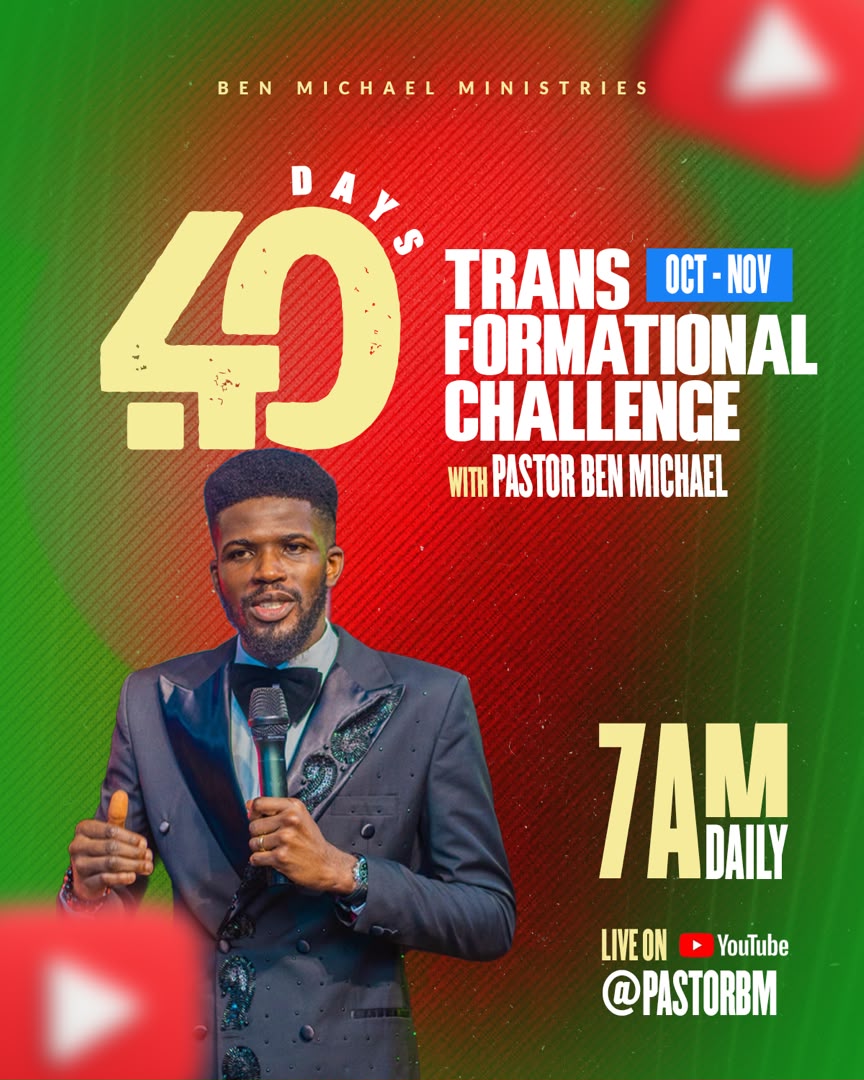 40 Days Transformational Challenge flyer: October to November, 7AM daily, live on YouTube @PastorBM